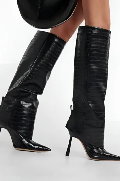 Crocodile Faux Leather Stiletto Pointed Toe Knee High Boots