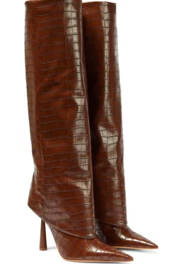 Crocodile Faux Leather Stiletto Pointed Toe Knee High Boots