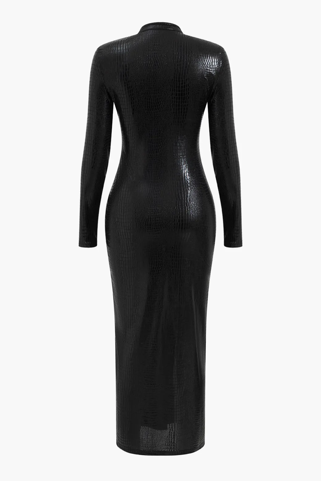 Crocodile Faux Leather Zipper V-Neck Maxi Dress