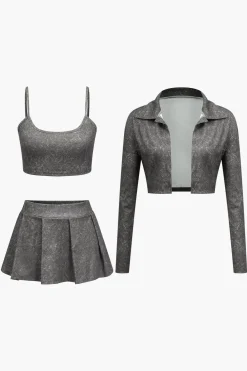 Crop Cami Top And Pleated Mini Skirt Set And Shirt Three-Piece Set
