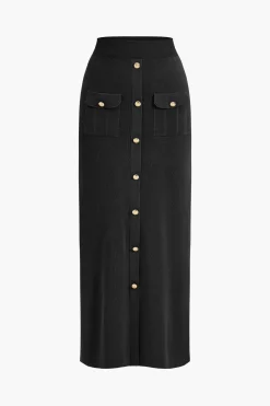 Cropped Button-Up Knit Top And Maxi Skirt Set