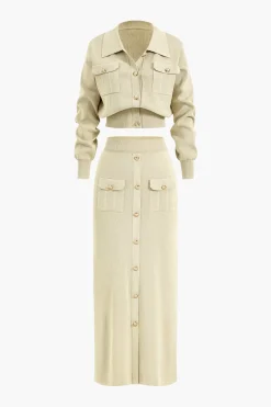 Cropped Button-Up Knit Top And Maxi Skirt Set