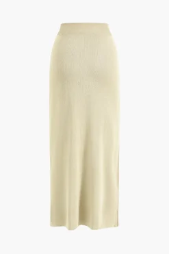 Cropped Button-Up Knit Top And Maxi Skirt Set