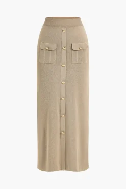 Cropped Button-Up Knit Top And Maxi Skirt Set
