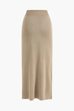Cropped Button-Up Knit Top And Maxi Skirt Set
