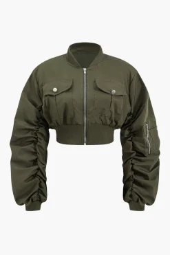 Cropped Ruched Stand Collar Jacket