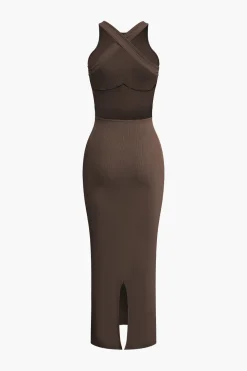Cross Backless Slit Midi Dress