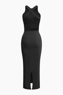 Cross Backless Slit Midi Dress