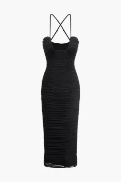 Cross Strap Mesh Ruched Midi Dress