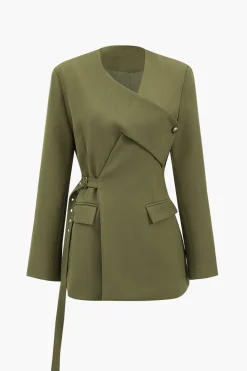 Crossed Button Pocket Belted Blazer