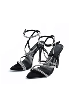 Crossed Rhinestone Pointed Toe High Heels
