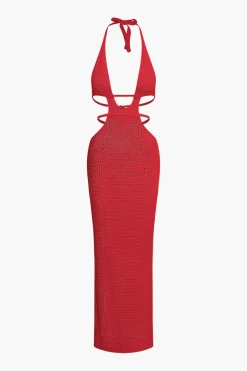 Cut Out Halter Backless Knit Maxi Dress
