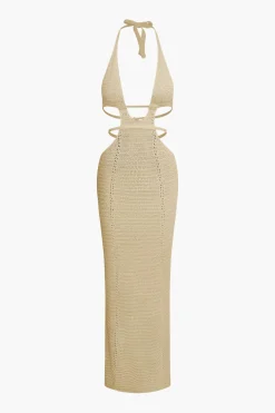 Cut Out Halter Backless Knit Maxi Dress