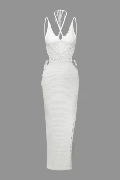 Cut Out Open Knit Backless Halter Maxi Dress