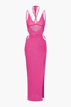 Cut Out Open Knit Backless Halter Maxi Dress