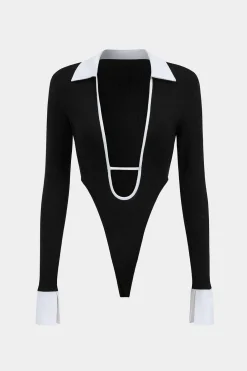Cut Out Patchwork Contrast Binding Long Sleeve Bodysuit