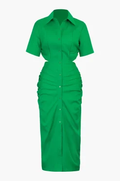 Cut Out Ruched Midi Shirt Dress