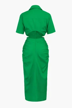 Cut Out Ruched Midi Shirt Dress