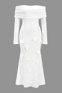 3D Floral Knit Off Shoulder Long Sleeve Dress