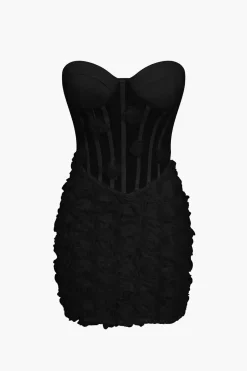3D Floral Mesh Sheer Strapless Sleeveless Mini Dress