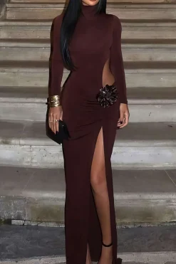 3D Floral Slit Long Sleeve Maxi Dress