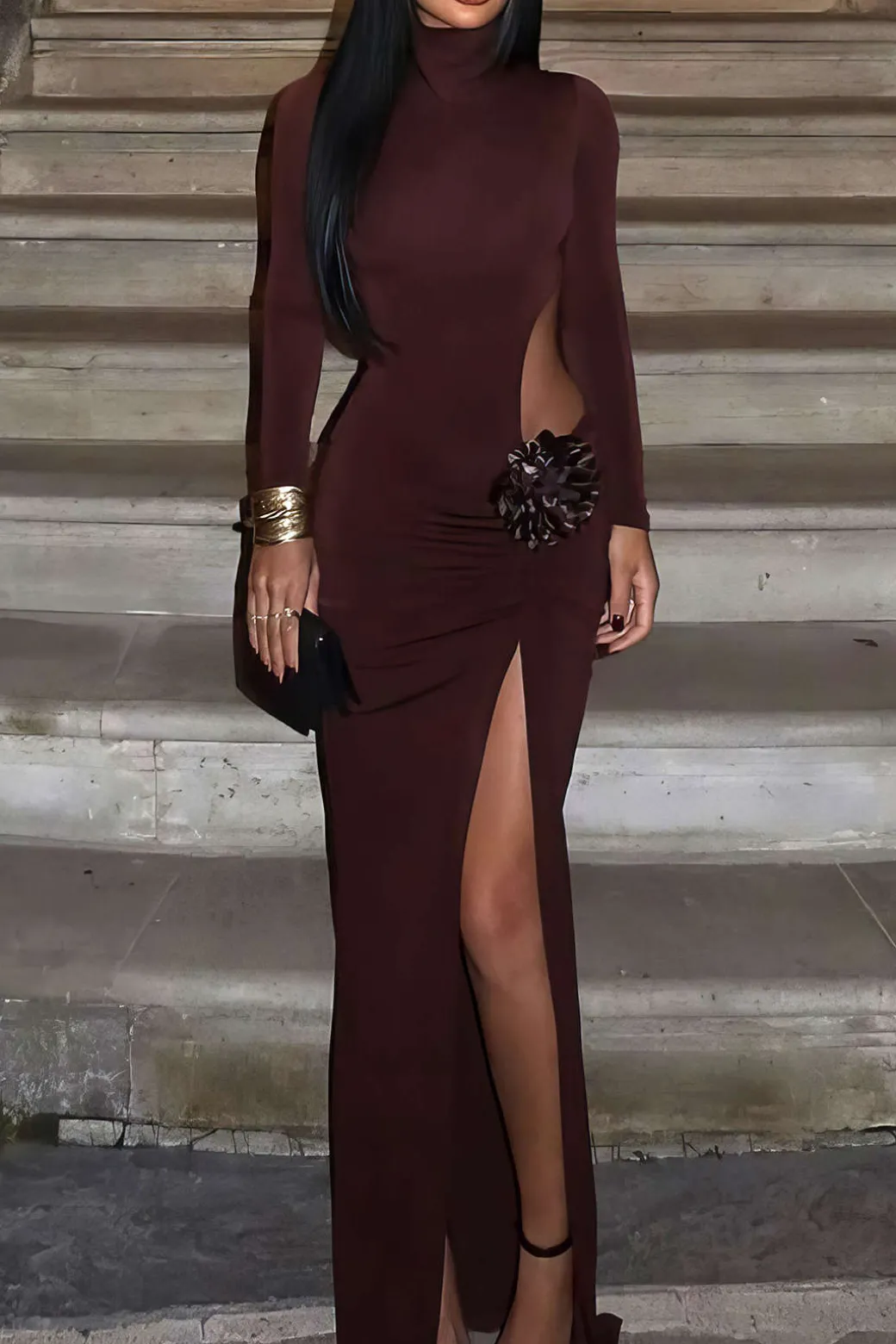 3D Floral Slit Long Sleeve Maxi Dress