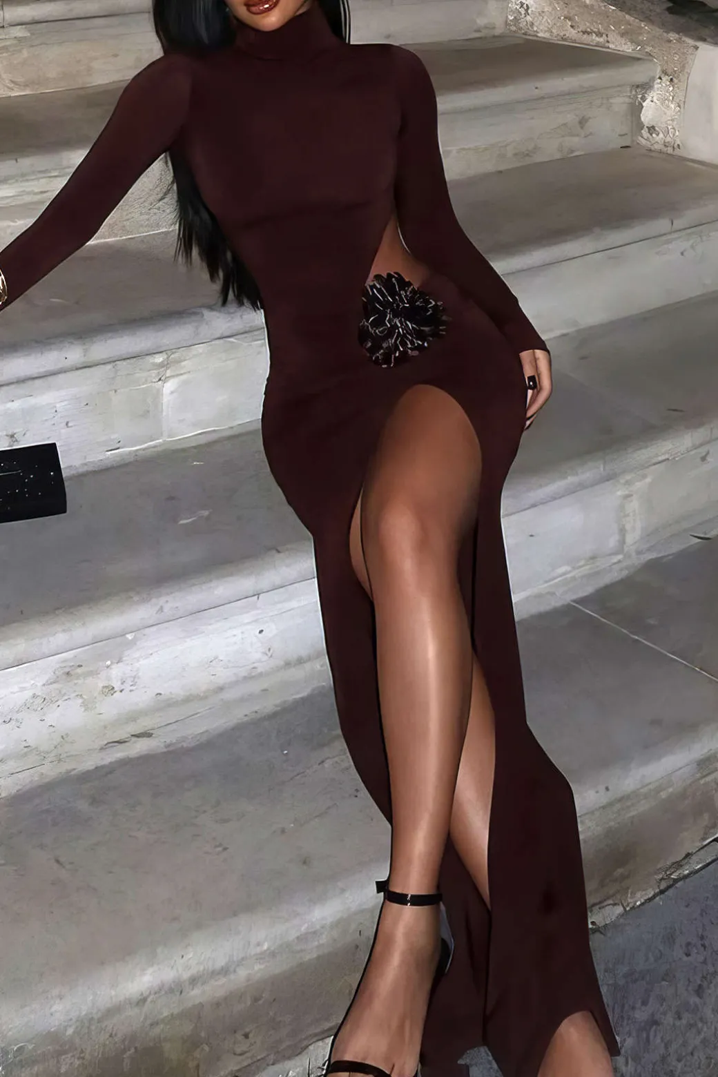 3D Floral Slit Long Sleeve Maxi Dress