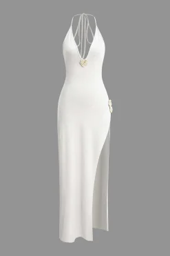 3D Floral V-Neck Backless Slit Maxi Dress