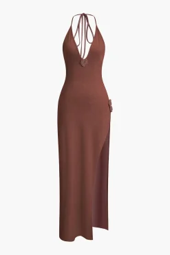 3D Floral V-Neck Backless Slit Maxi Dress