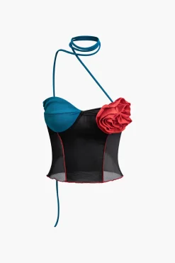 3D Flower Contrast Halter Tank Top