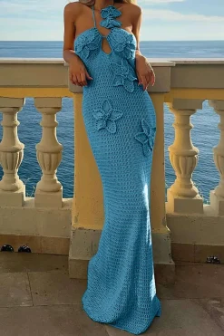 3D Flower Crossed Knit Maxi Dress