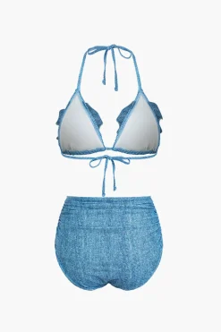 3D Flower Denim Halter Bikini Set