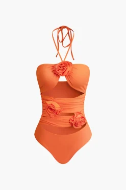 3D Flower Tie Halter Cut Out Swimsuit And Wrap Knot Cover Up Skirt Set