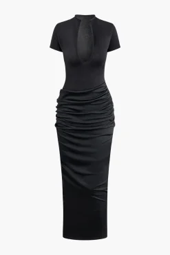 Deep V-neck Ruched Short Sleeve Maxi Dress