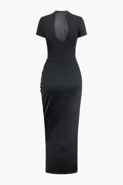 Deep V-neck Ruched Short Sleeve Maxi Dress