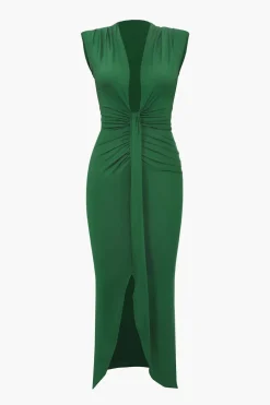 Deep V-Neck Sleeveless Midi Dress