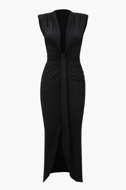 Deep V-Neck Sleeveless Midi Dress