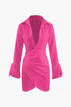 Deep V-neck Wrap Mini Shirt Dress