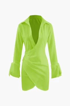Deep V-neck Wrap Mini Shirt Dress