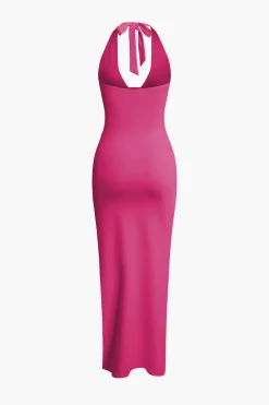 Deep-V Neck Halter Backless Slit Midi Dress