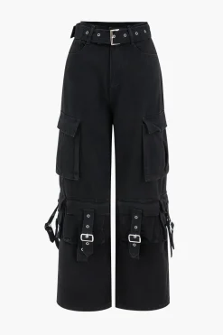 Denim Belted High Waist Multiple Pocket Jeans