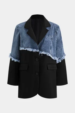 Denim Button Patchwork Long Sleeve Blazer
