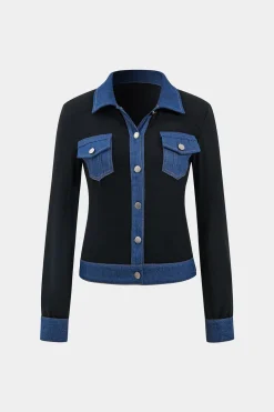 Denim Button Patchwork Pocket Long-Sleeve Top
