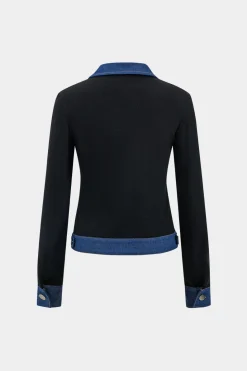 Denim Button Patchwork Pocket Long-Sleeve Top