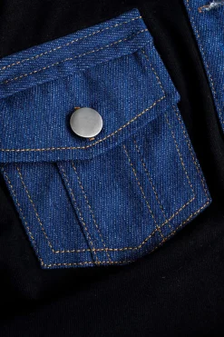 Denim Button Patchwork Pocket Long-Sleeve Top