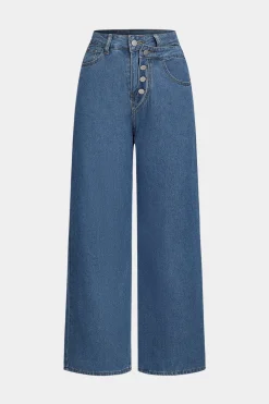 Denim Button Pocket High Waist Straight Leg Jeans
