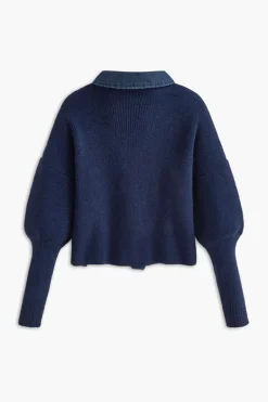 Denim Contrast Button-Up Sweater Cardigan