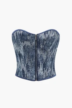 Denim Corset Sequin Zipper Tube Top