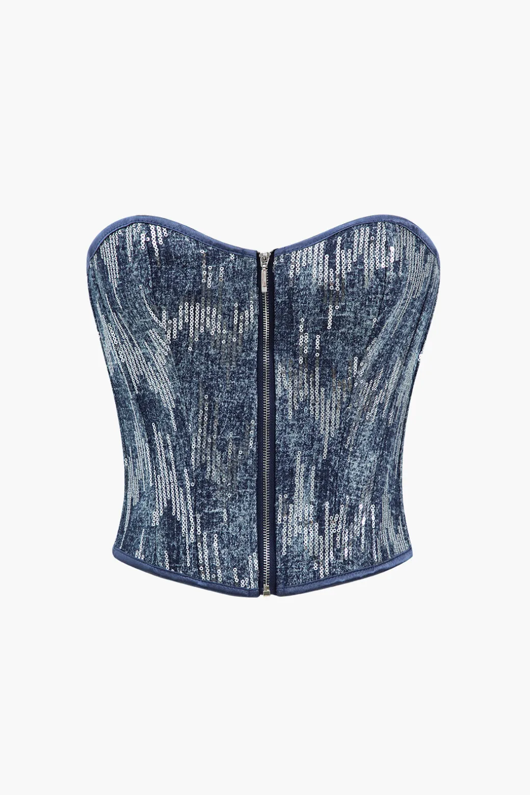 Denim Corset Sequin Zipper Tube Top