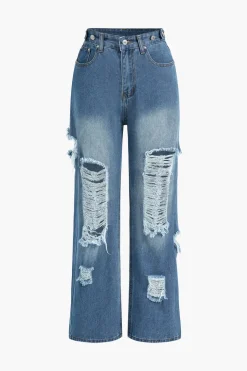 Denim Cut Out Washed Straight Leg Jeans
